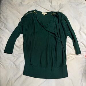 Michael Kors Forest Green V-Neck Sweater with Shoulder Zips